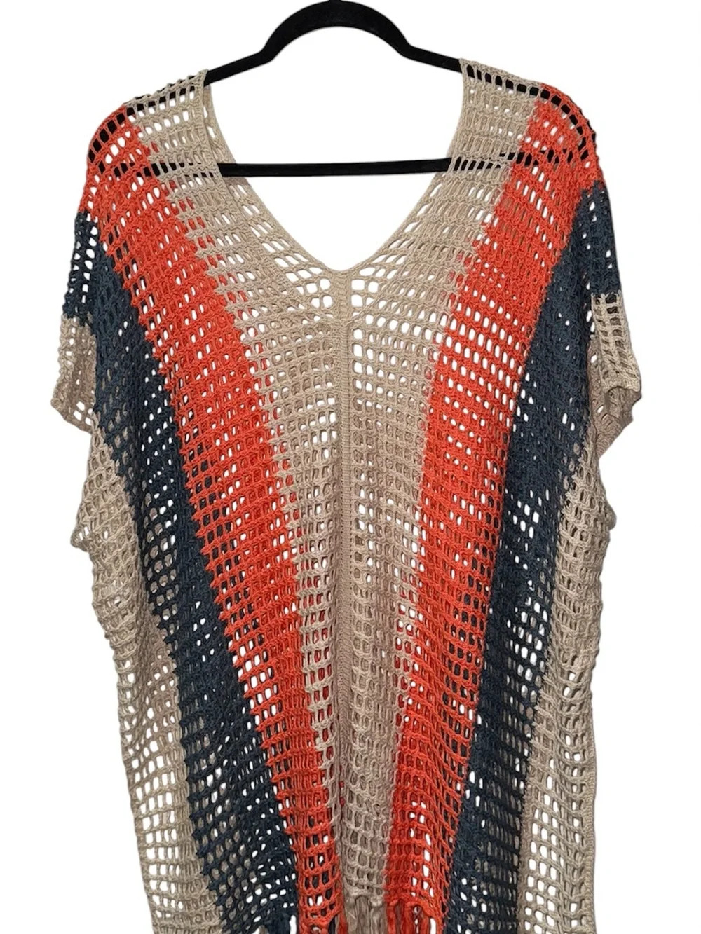 Azure Exchange Crochet Fringe Swim Cover-Up in Beige, Orange & Blue - Picture 3 of 3